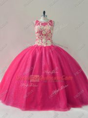 Best Floor Length Hot Pink Sweet 16 Quinceanera Dress Scoop Sleeveless Lace Up