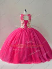 Best Floor Length Hot Pink Sweet 16 Quinceanera Dress Scoop Sleeveless Lace Up