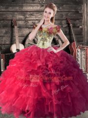 Chic Off The Shoulder Sleeveless Satin and Organza Quince Ball Gowns Embroidery and Ruffles Lace Up
