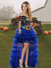 Organza Sleeveless High Low Prom Gown and Embroidery and Ruffled Layers