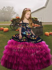 Fuchsia Straps Embroidery and Ruffles Little Girls Pageant Dress Wholesale Sleeveless