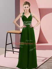 Best Beading Prom Gown Olive Green Backless Sleeveless Floor Length