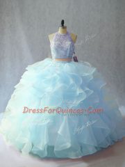 Eye-catching Sleeveless Beading and Ruffles Backless Sweet 16 Dresses with Light Blue Brush Train