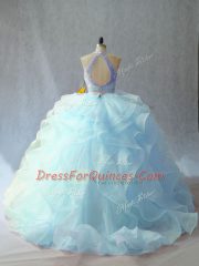 Eye-catching Sleeveless Beading and Ruffles Backless Sweet 16 Dresses with Light Blue Brush Train
