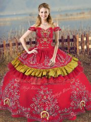 Beautiful Satin and Organza Off The Shoulder Sleeveless Lace Up Embroidery 15 Quinceanera Dress in Red