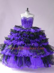 High Quality Black And Purple Ball Gowns Sweetheart Sleeveless Organza Floor Length Lace Up Beading and Ruffled Layers Ball Gown Prom Dress