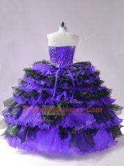 High Quality Black And Purple Ball Gowns Sweetheart Sleeveless Organza Floor Length Lace Up Beading and Ruffled Layers Ball Gown Prom Dress