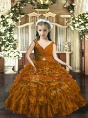 Beading and Ruffles Pageant Dresses Brown Backless Sleeveless Floor Length