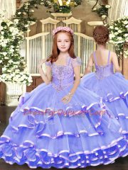 Classical Lavender Sleeveless Floor Length Beading and Ruffled Layers Lace Up Quince Ball Gowns