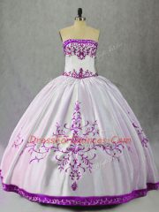 White And Purple Satin Lace Up Strapless Sleeveless Floor Length Quinceanera Dress Embroidery