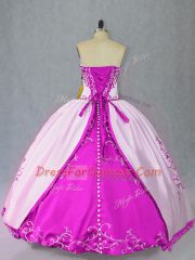 White And Purple Satin Lace Up Strapless Sleeveless Floor Length Quinceanera Dress Embroidery