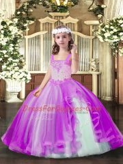 Affordable Lilac Sleeveless Floor Length Beading Lace Up Little Girls Pageant Dress