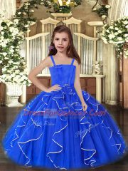 Pretty Sleeveless Floor Length Ruffles Lace Up Kids Pageant Dress with Royal Blue