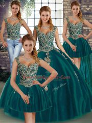 Peacock Green Quinceanera Dress Military Ball and Sweet 16 and Quinceanera with Beading and Appliques Straps Sleeveless Lace Up