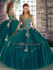 Peacock Green Quinceanera Dress Military Ball and Sweet 16 and Quinceanera with Beading and Appliques Straps Sleeveless Lace Up