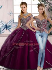New Arrival Purple Ball Gowns Beading Quinceanera Dress Lace Up Tulle Cap Sleeves