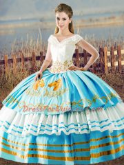 Delicate Blue And White Ball Gowns Organza V-neck Sleeveless Embroidery and Ruffled Layers Floor Length Lace Up Quinceanera Gowns