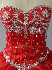 Floor Length Ball Gowns Sleeveless Red Quinceanera Gown Lace Up