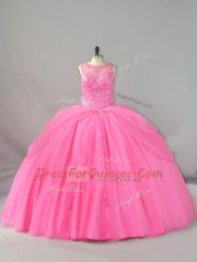 Great Rose Pink Ball Gowns Scoop Sleeveless Tulle Brush Train Lace Up Beading and Appliques 15 Quinceanera Dress