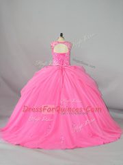Great Rose Pink Ball Gowns Scoop Sleeveless Tulle Brush Train Lace Up Beading and Appliques 15 Quinceanera Dress