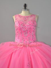 Great Rose Pink Ball Gowns Scoop Sleeveless Tulle Brush Train Lace Up Beading and Appliques 15 Quinceanera Dress