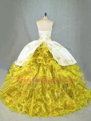 Elegant Sleeveless Brush Train Beading and Embroidery and Ruffles Lace Up Quince Ball Gowns