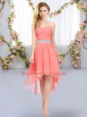 Romantic Watermelon Red Lace Up Sweetheart Belt Quinceanera Court Dresses Chiffon Sleeveless