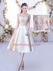 Champagne Vestidos de Damas Wedding Party with Lace and Belt Scoop Sleeveless Lace Up