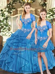 Blue Sweetheart Neckline Beading and Ruffles Quinceanera Gown Sleeveless Lace Up