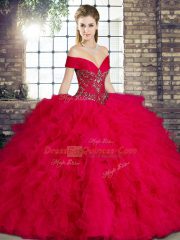 Red Off The Shoulder Neckline Beading and Ruffles Quinceanera Dresses Sleeveless Lace Up