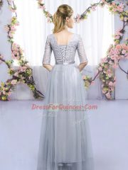 Grey Empire Scoop Half Sleeves Tulle Floor Length Lace Up Lace and Belt Dama Dress