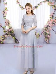 Grey Empire Scoop Half Sleeves Tulle Floor Length Lace Up Lace and Belt Dama Dress