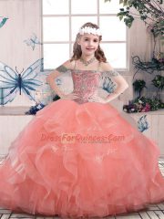 Adorable Floor Length Lace Up Pageant Gowns For Girls Watermelon Red for Party and Sweet 16 and Wedding Party with Beading and Ruffles