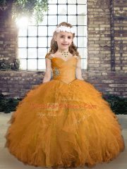 Sleeveless Floor Length Beading and Ruffles Lace Up High School Pageant Dress with Gold