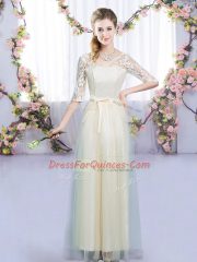 Champagne Half Sleeves Floor Length Lace and Bowknot Lace Up Quinceanera Court Dresses