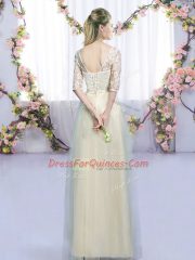 Champagne Half Sleeves Floor Length Lace and Bowknot Lace Up Quinceanera Court Dresses