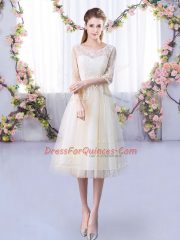 Tulle Scoop Half Sleeves Lace Up Lace Quinceanera Dama Dress in Champagne