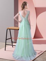Apple Green Tulle Zipper Quinceanera Dama Dress Sleeveless Brush Train Beading and Lace