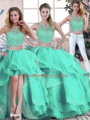 Floor Length Three Pieces Sleeveless Turquoise 15th Birthday Dress Zipper