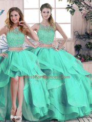 Floor Length Three Pieces Sleeveless Turquoise 15th Birthday Dress Zipper