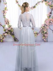 Grey High-neck Zipper Lace and Belt Quinceanera Court of Honor Dress Half Sleeves