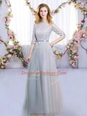 Grey High-neck Zipper Lace and Belt Quinceanera Court of Honor Dress Half Sleeves