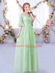 Apple Green Empire Off The Shoulder Half Sleeves Tulle Floor Length Side Zipper Lace and Belt Quinceanera Dama Dress