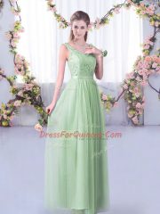 Apple Green Empire Off The Shoulder Half Sleeves Tulle Floor Length Side Zipper Lace and Belt Quinceanera Dama Dress