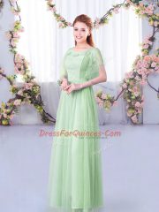 Apple Green Empire Off The Shoulder Half Sleeves Tulle Floor Length Side Zipper Lace and Belt Quinceanera Dama Dress