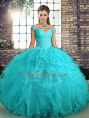 Trendy Sleeveless Tulle Floor Length Lace Up Quinceanera Gowns in Aqua Blue with Beading and Ruffles