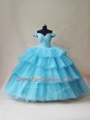 Glamorous Aqua Blue Ball Gowns Off The Shoulder Sleeveless Organza and Tulle Floor Length Lace Up Beading and Ruffled Layers Vestidos de Quinceanera