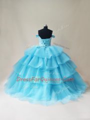 Glamorous Aqua Blue Ball Gowns Off The Shoulder Sleeveless Organza and Tulle Floor Length Lace Up Beading and Ruffled Layers Vestidos de Quinceanera