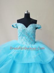 Glamorous Aqua Blue Ball Gowns Off The Shoulder Sleeveless Organza and Tulle Floor Length Lace Up Beading and Ruffled Layers Vestidos de Quinceanera