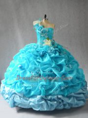 Trendy Aqua Blue Organza Lace Up One Shoulder Sleeveless Floor Length Quinceanera Gown Pick Ups and Hand Made Flower